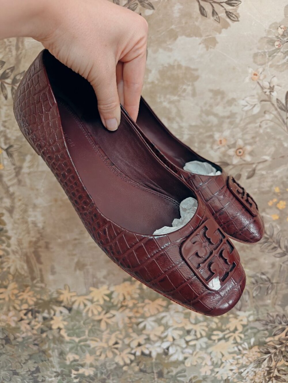 Tory Burch Georgia Claret Croc Embossed Leather Ballet Flats Sz 10